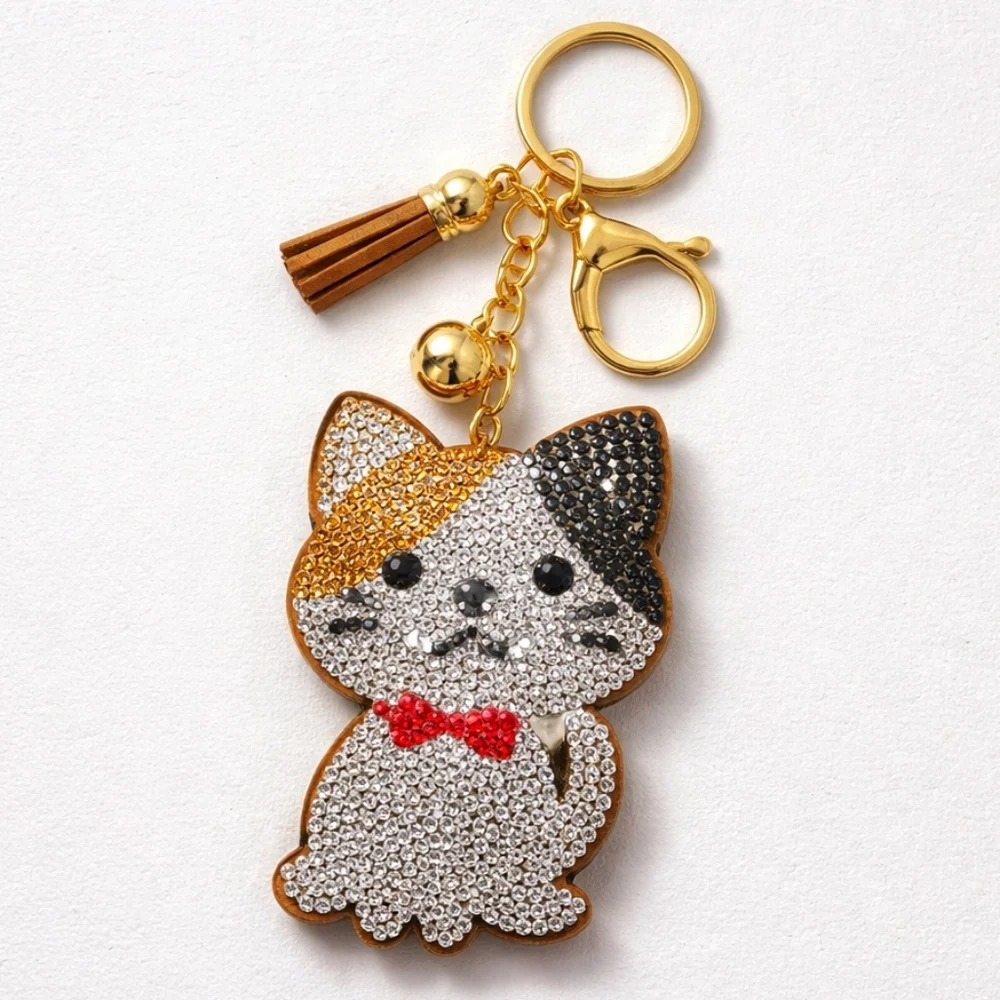 Juliet Puff Rhinestone Accented Cat Keychain with Tassel and Snap Hook - Picture 2 of 6